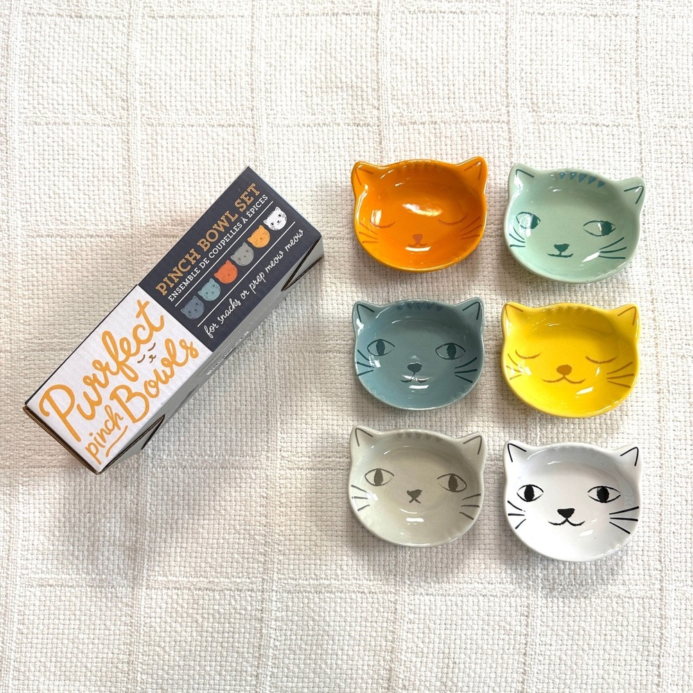 Now Designs Purrfect Pinch Bowl Set 6 Cat Face Stoneware 2oz Prep Dishes Kawaii